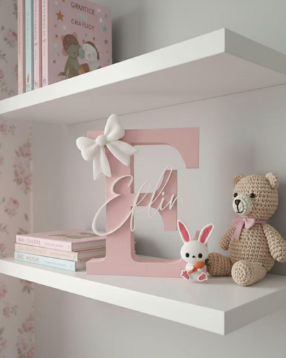 Personalized 3D Printed Name Sign with Large Custom Initial – Kids Room Decor Baby Gift Wall Shelf Letter Art Nursery Decoration
