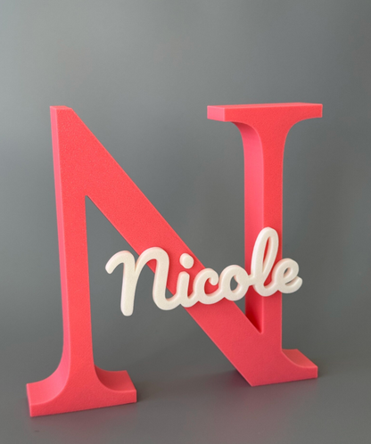 Personalized 3D Printed Name Sign with Large Custom Initial – Kids Room Decor Baby Gift Wall Shelf Letter Art Nursery Decoration
